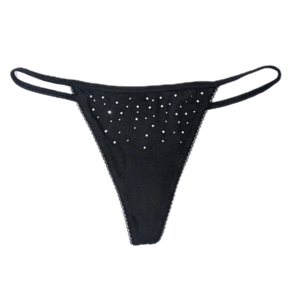 Victoria's Secret V String Thong XL Women Black Panty Rhinestones Cotton modal